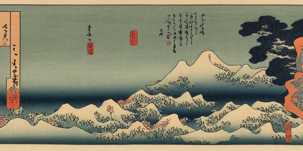 Image similar to ukiyo-e lanscape portrait of the Boston Skyline by hokusai