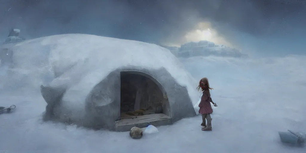 Image similar to young girl back to us in front of an igloo in the tundra,, joyful matte painting by ruan jia and craig mullins, trending on artstation