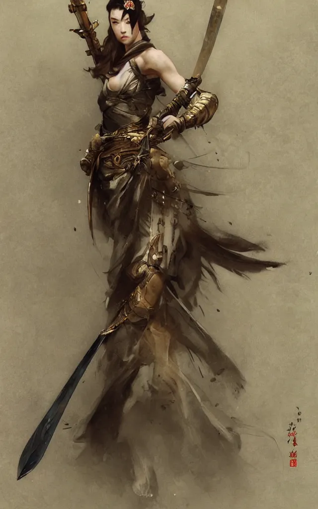 Prompt: modern elegant female samurai ninja, with large sword, feminine, powerful, beautiful, upper body, muscular, wide leg hakama trousers, highly detailed, by gaston bussiere, mucha, gerome, craig mullins, greg rutkowski, john singer sargent