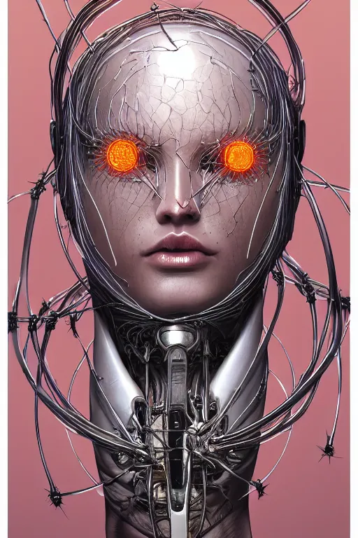 Image similar to organic cyborg head wrapped in barb wire by Hajime Sorayama and Jamie Coreth, trending on artstation, centered, symmetrical, electric hair, bilateral symmetry, 80s poster, polished, thick smoke, retro dark vintage sci-fi, 2D matte illustration