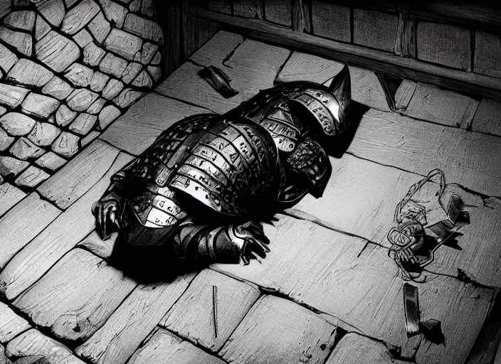 Image similar to a beautiful composition detailed photograph of a dead poisoned armored knight paladin lying in a wooden bed in a cell in a dungeon.