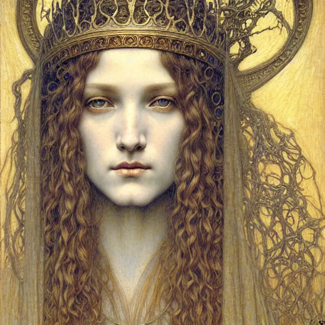 Image similar to detailed realistic beautiful young medieval queen face portrait by jean delville, gustave dore and marco mazzoni, art nouveau, symbolist, visionary, gothic, pre - raphaelite. horizontal symmetry