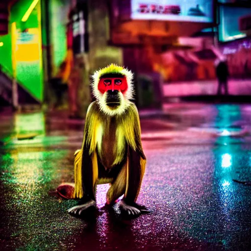 Prompt: a high quality low wide angle photo of a Mandrill monkey on the streets of a cyberpunk city, rainy, reflective ground, neon lights, realism, 8k