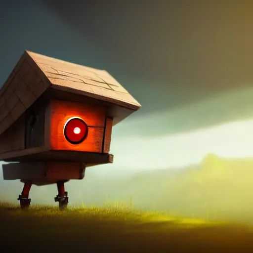 Prompt: a walking small wood house with two mechanical legs and two glowing eyes and a mouth, rust, hyperrealistic, pareidolia, highly detailed, cinematic, single ray of sun, fog, city in background, beautiful, cgssociety, artstation, 8 k, oil painting