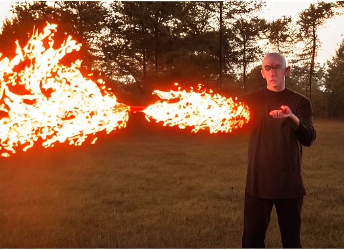 Prompt: squidward practicing firebending in an open field at susnset, 1 2 0 mm, dramatic lighting'