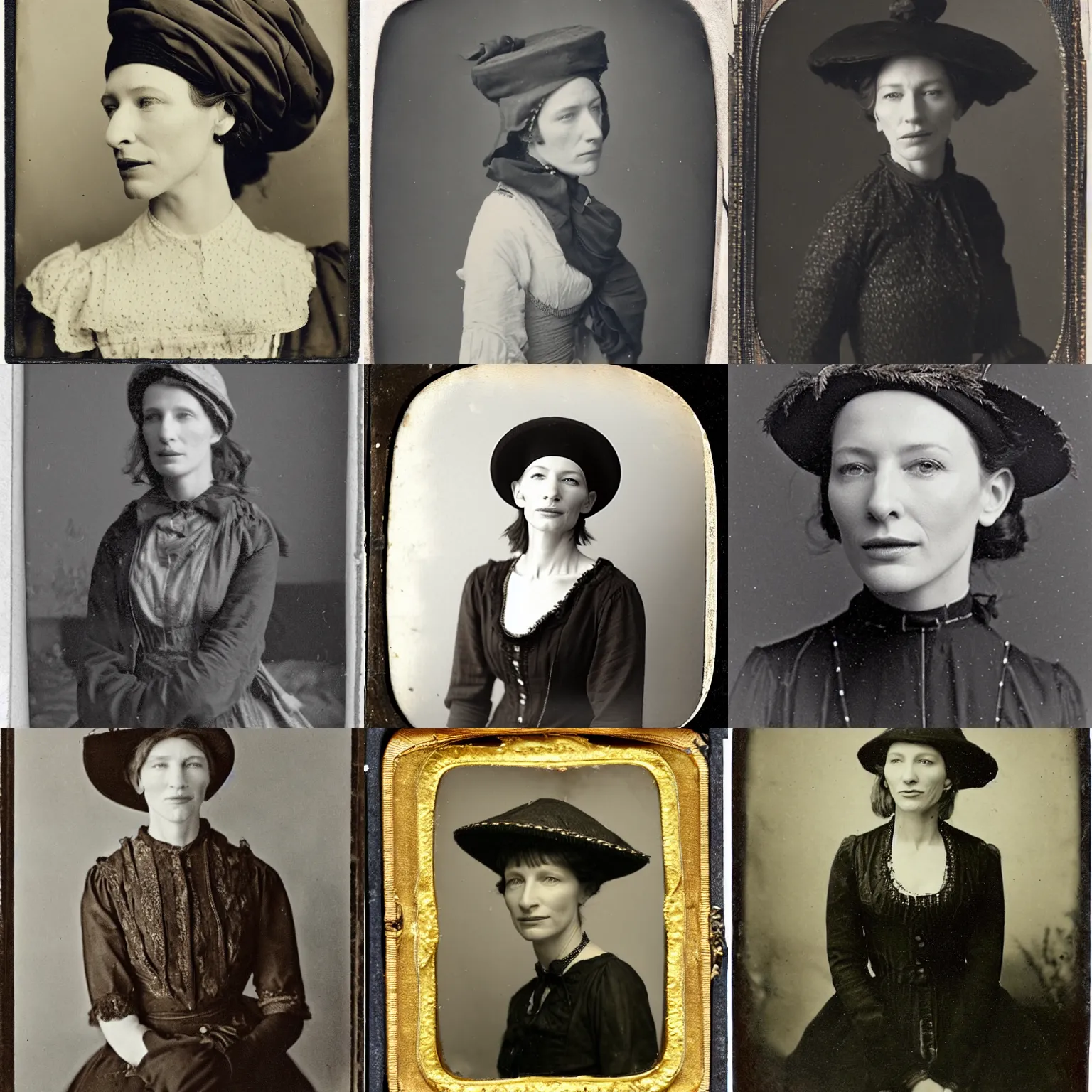 Prompt: mid 1 9 th century, thirtysomethins years old, merry!!, cate blanchett with termed kyphosis as an austro - hungarian woman ( with messy bun, brown hair, ( ( ( black witch hat ) ) ) ), daguerreotype by emil rabending