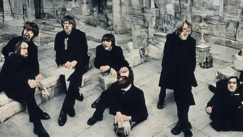 Prompt: the apostles as the beatles on an album cover, film still from the movie directed by Denis Villeneuve with art direction by Salvador Dalí, wide lens