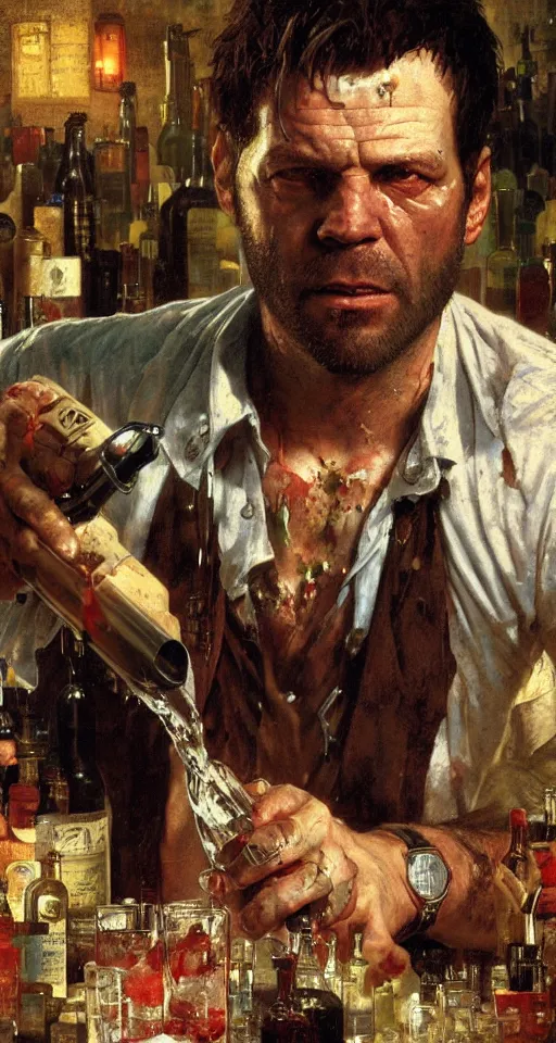 Image similar to close up of bloodied max payne pouring a drink, sun shining, photo realistic illustration by greg rutkowski, thomas kindkade, alphonse mucha, loish, norman rockwell.