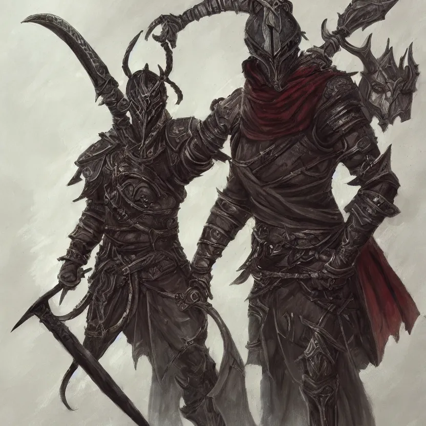 Image similar to an oil drawing of a gipsy tiefling with great sword in his hand in style of dark souls, a character portrait by muggur, disco elysium character, featured on deviantart, fantasy art, concept art, official art, hd mod