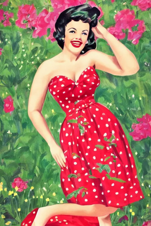 Image similar to a full view portrait of a beautifull woman, wearing a dress,with a beautifull smile,a garden background.in american style pin up.anatomically correct