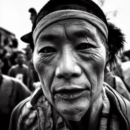 Image similar to hunnic protester face photo black and white wide angle lense