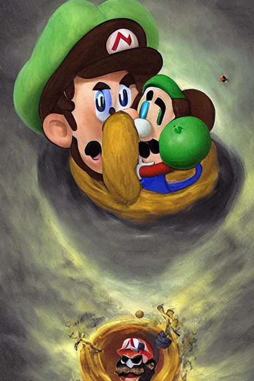 Image similar to mario devouring luigi in the style of saturn devouring his son by goya, digital art, canvas, goya, extremely detailed, clear facial features, grotesque