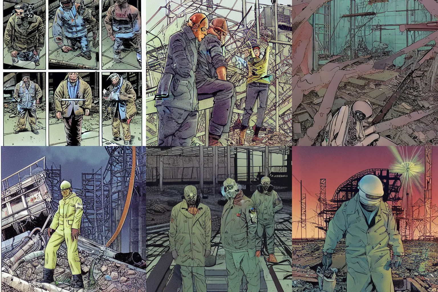 Prompt: liquidators in chernobyl, by moebius, masamune shirow and katsuhiro otomo