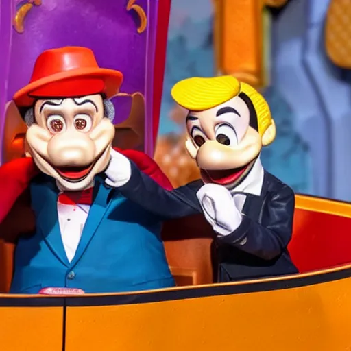 Image similar to three puppets inside the its a small world ride at disneyland that look like donald trump and greg abbott and ron desantis, highly detailed, high definition, ultra realistic