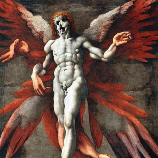 Prompt: death beign resurrected by an angel painted by Michelangelo