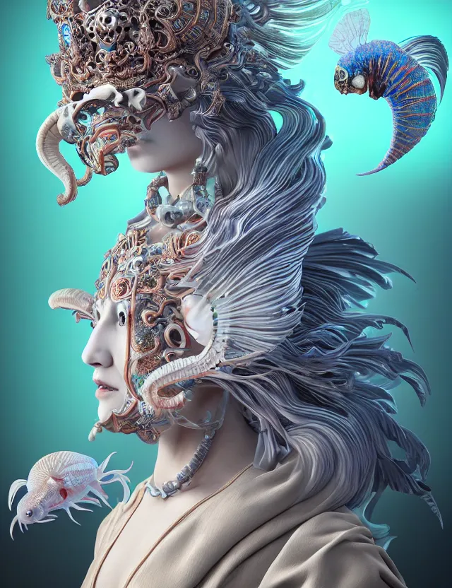 Image similar to 3 d goddess close - up 3 / 4 portrait with ram skull. beautiful intricately detailed japanese crow kitsune mask and clasical japanese kimono. betta fish, jellyfish phoenix, bio luminescent, plasma, ice, water, wind, creature, artwork by tooth wu and wlop and beeple and greg rutkowski