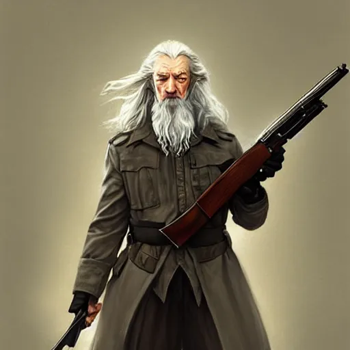 Image similar to policeman gandalf looking quizzically at an ak - 4 7 that he's holding up, art by artgerm and greg rutkowski and magali villeneuve, d & d, fantasy, highly detailed, digital painting, trending on artstation, concept art, sharp focus, illustration