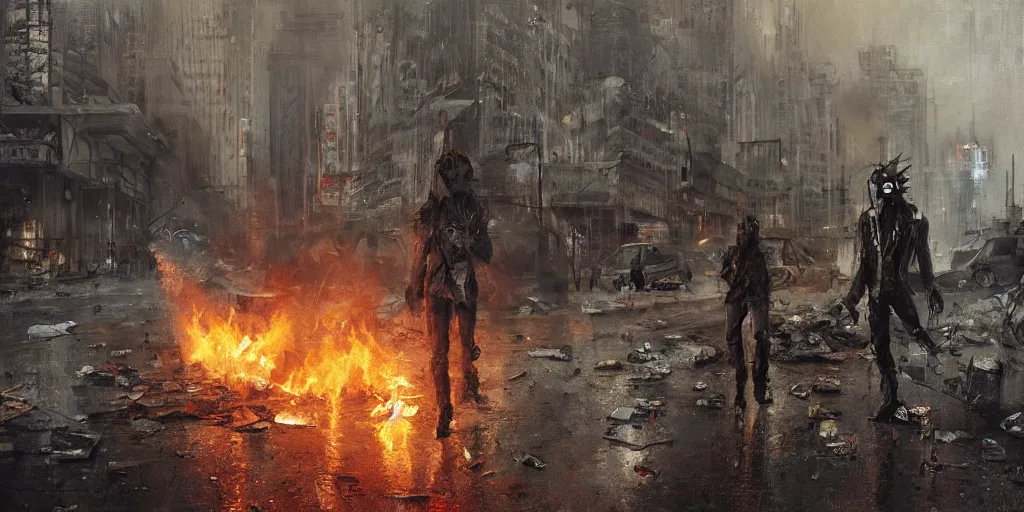 Prompt: post apocalyptic city, revolutionary punk masked up punk, fire, damaged, trash, full shot, by jeremy mann