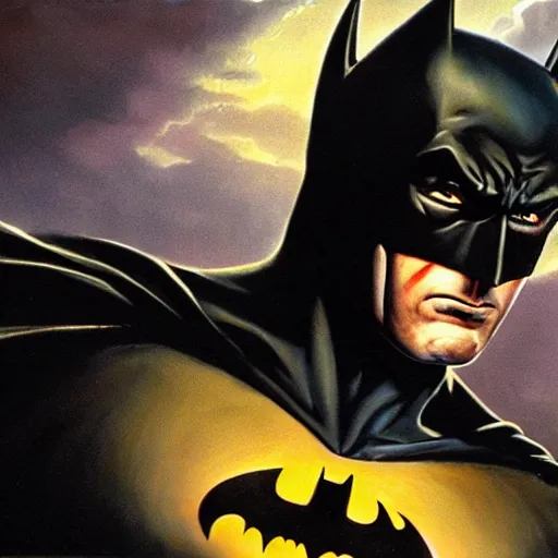 Image similar to an ultra - realistic portrait painting of batman in the style of frank frazetta. 4 k. ultra - realistic. highly detailed. dark fantasy. dark lighting.