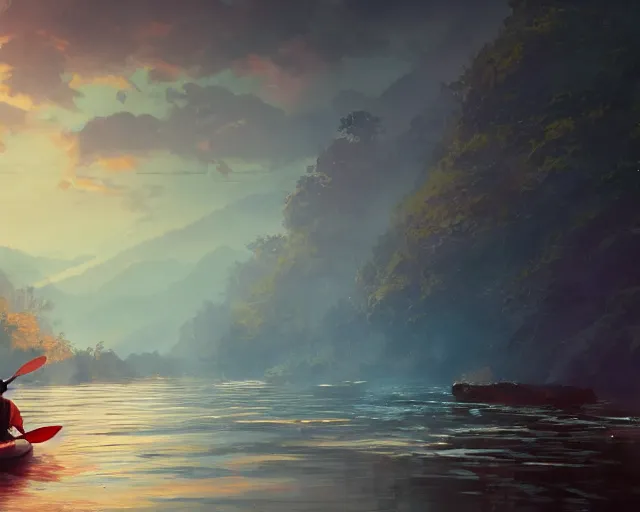 Image similar to a kayak in a river. blue water, atmospheric lighting. by makoto shinkai, stanley artgerm lau, wlop, rossdraws, james jean, andrei riabovitchev, marc simonetti, krenz cushart, sakimichan, d & d trending on artstation, digital art.