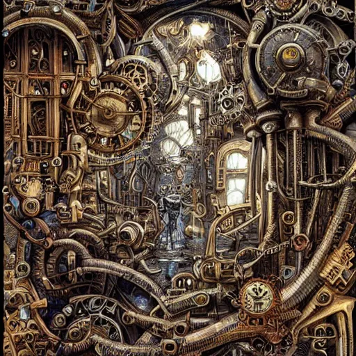 Image similar to a hyper realistic painting of an intricate steampunk labyrinth, by joe fenton, highly detailed, vivid color,