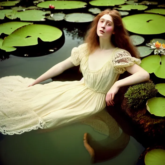 Prompt: Kodak Portra 400, 8K, soft light, volumetric lighting, highly detailed, britt marling style 3/4 ,portrait photo of a beautiful woman how pre-Raphaelites painter, with her face emerging from the water of a pond with water lilies, a beautiful lace dress and hair are intricate with highly detailed realistic beautiful flowers , Realistic, Refined, Highly Detailed, natural outdoor soft pastel lighting colors scheme, outdoor fine art photography, Hyper realistic, photo realistic