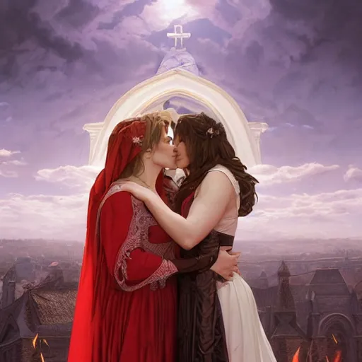 Prompt: an beautiful and detailed matte painting of a lesbian wedding between evil pyromancer and a red mage, unholy, white church background, god rays, detailed face, sharp focus, highly detailed, cinematic lighting, studio quality, colorful, smooth render, vector illustration, award winning, by artgerm, greg rutkowski, alphonse mucha