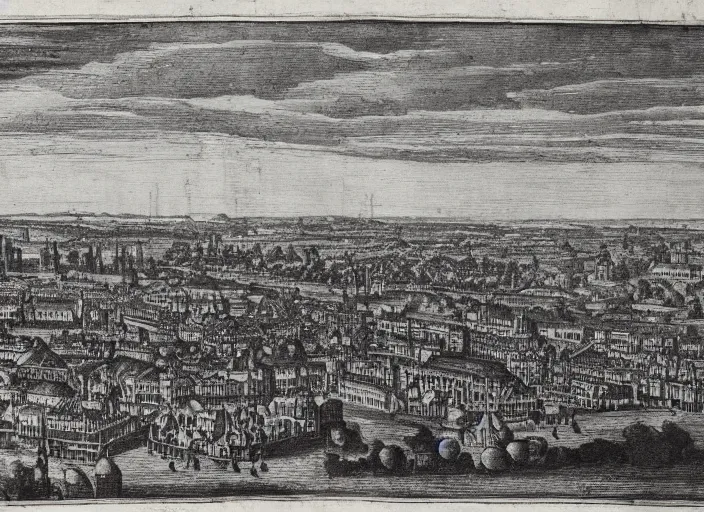 Prompt: detail from Hollar’s Panoramic view of ruined London, 1647