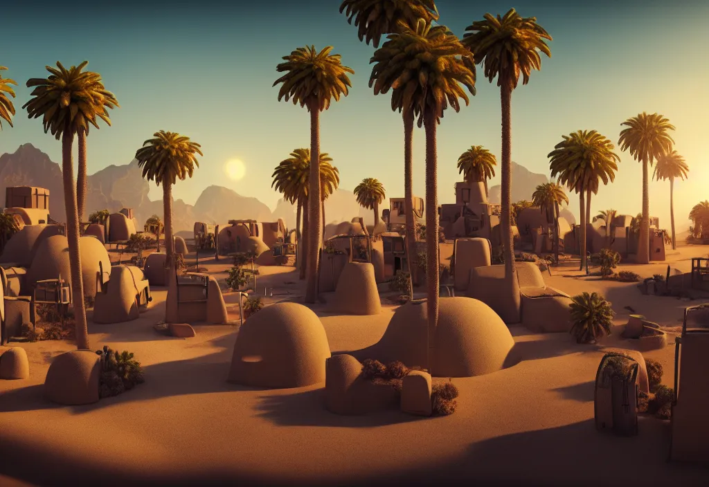 Image similar to futuristic village in a desert, painting, palm trees, octane render, 4 k, rocks, bondfire, anime sky