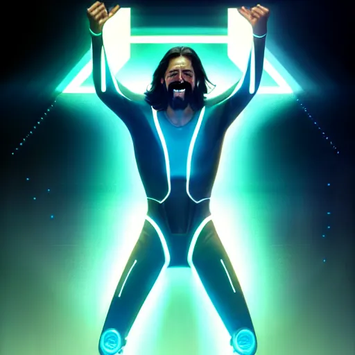 Image similar to tron legacy jesus laughing, diffuse lighting, hyper realistic, concept art, intricate, hyper detailed, smooth, sharp focus, illustration, trending on artstation, art by greg rutkowski and james gurney and alphonse mucha