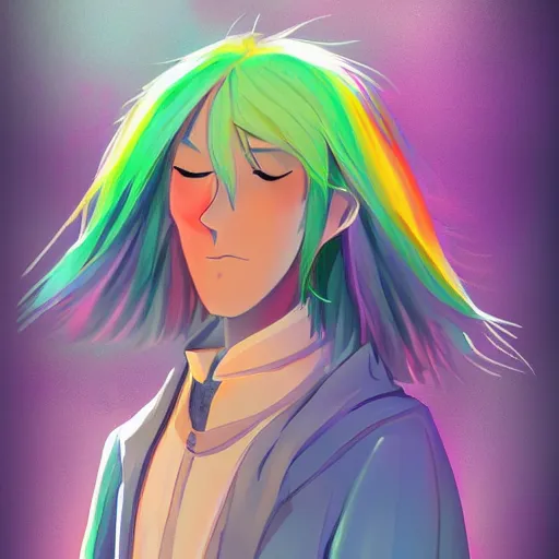 Image similar to rainbow wizard character concept style, by Makoto Shinkai