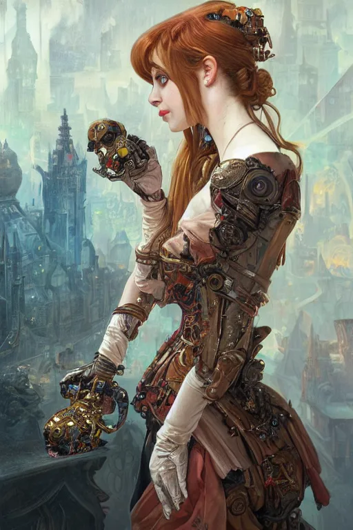 Image similar to a cobination of emma roberts, emma stone and emma watson as a baroque steampunk, augmented cyborg, half body, d & d, fantasy, intricate, elegant, highly detailed, colorful, vivid color, digital painting, artstation, concept art, art by artgerm and greg rutkowski and alphonse mucha and ruan jia