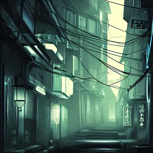 Prompt: digital art painting of dark alleyway in modern Japan with neon lights, dystopian feel, fog, mist, night time, blue moon, with a black silhouette of a cat standing in a dimly lit passage at the end, cgsociety, trending on artstation