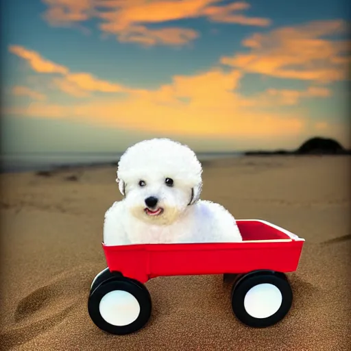 Prompt: a photorealistic photograph of a smiling white Bichon Frisé puppy riding in a red wagon overflowing with french fries during sunset at the beach Trending on Artstation, featured on Behance, well-rendered, Unreal Engine, 4K HD