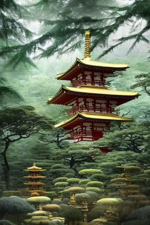 Image similar to Japanese Buddhist temple in the middle of a forest of bonsai and bamboo, powerfull, intricate, elegant, volumetric lighting, digital painting, highly detailed, artstation, sharp focus, illustration, concept art, ruan jia, steve mccurry