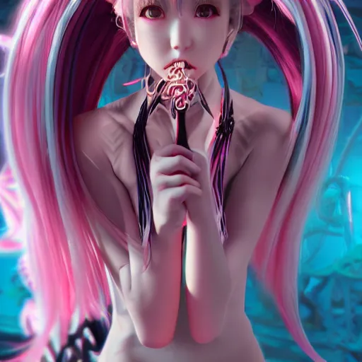 Image similar to no escape from stunningly absurdly beautiful omnipotent asi goddess junko enoshima with multiple twisted deceptive megalomaniacal mesmerizing personalities, symmetrical perfect face, porcelain skin, pink twintail hair and cyan eyes, ultra detailed, digital art, unreal engine 5, octane render, 2 d anime, 8 k