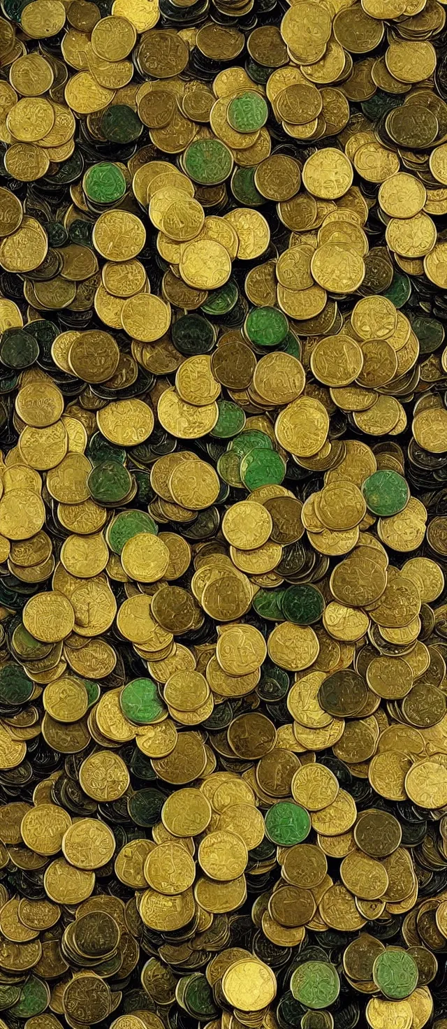 Image similar to green and black gold coins, extremely detailed, 8 k oil painting