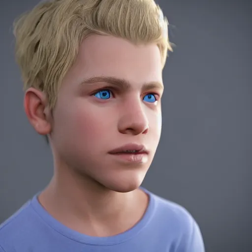 Image similar to a detailed portrait of boy with blonde hair and blue eyes, unreal engine 5 rendered, incredibly highly detailed and realistic, 8 k, sharp focus, studio quality