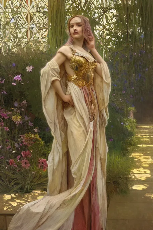 Image similar to hyperrealist portrait of a girl emperorit is decorated with long robes that fall like stars, an ostentatious palace and garden are seen in the background. by jeremy mann and alphonse mucha, fantasy art, photo realistic, dynamic lighting, artstation, poster, volumetric lighting, very detailed faces, 4 k, award winning