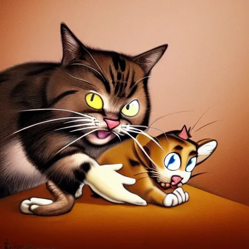 Prompt: hyper realistic tom the cat clutching jerry the mouse, both looking directly at the camera with bloodshot eyes