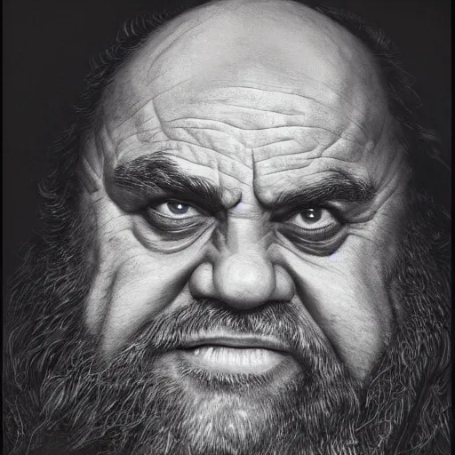 Prompt: portrait of danny devito as gimli, by alan lee, lord of the rings calendar, smooth, detailed terrain, oil painting, matte painting, concept art, trending on artstation, promotional artwork, film still, elegant, photorealistic facial features, intricate, detailed face, cinematic lighting