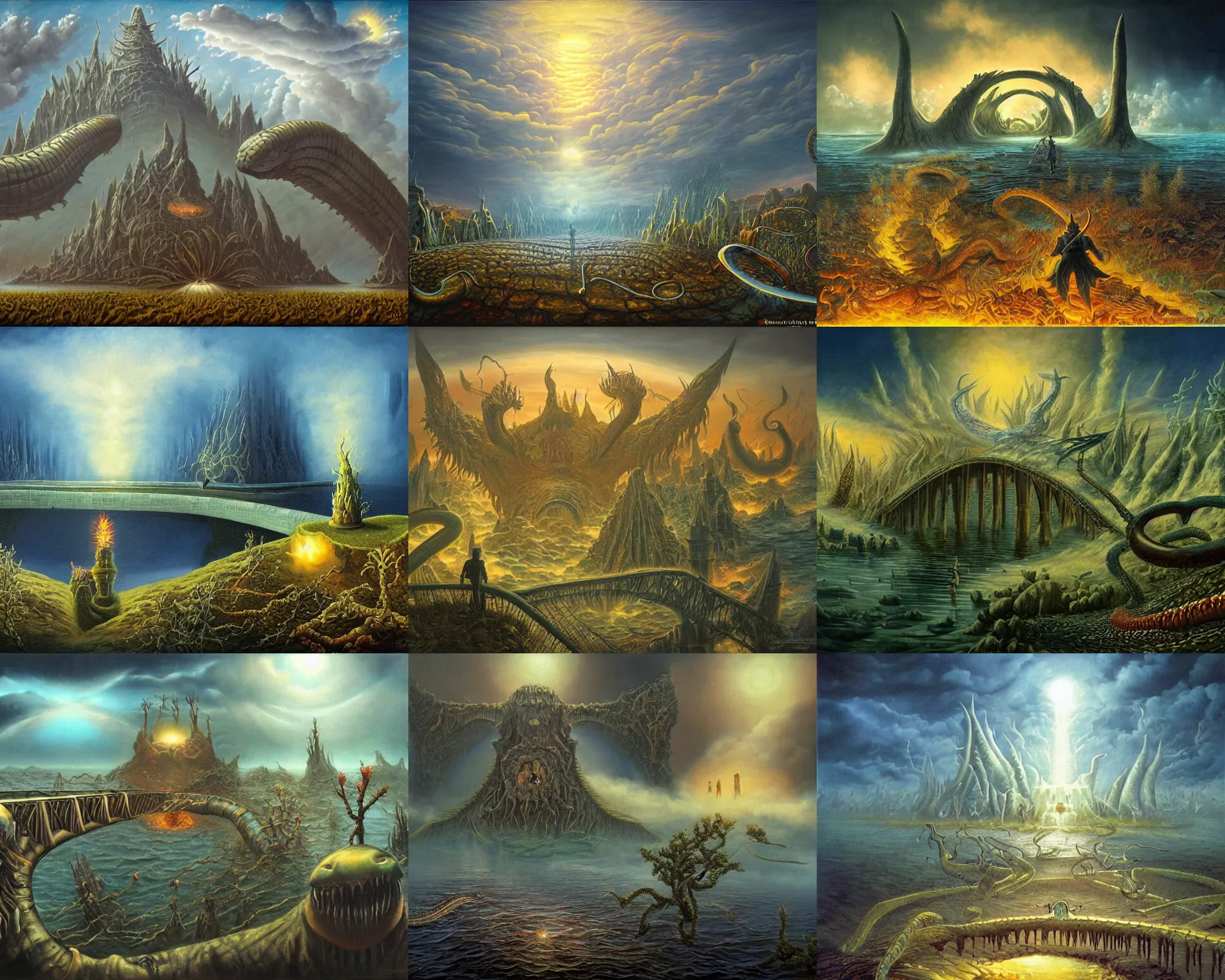 Prompt: underwater end of the world, clouds, fire, demons, plants, bridge, buildings, people, serpent, strange creatures walking around, by vladimir kush and giger