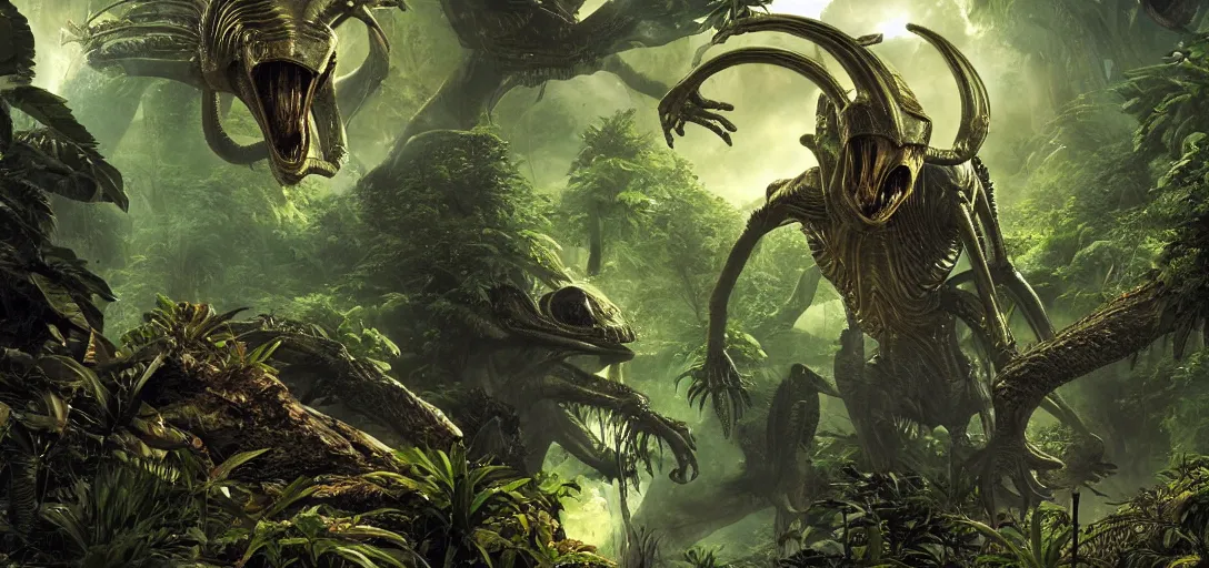 Image similar to alien creature in the exotic jungle, landscape, alex ross, neal adams, david finch, concept art, matte painting, highly detailed, rule of thirds, dynamic lighting, cinematic, detailed, denoised, centerd