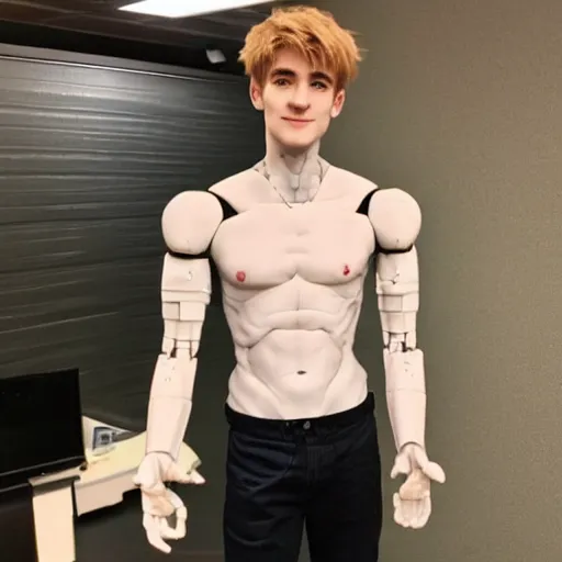 Image similar to “a realistic detailed photo of a guy who is an attractive humanoid who is half robot and half humanoid, who is a male android, twitch streamer Ninja Tyler Blevins, shiny skin, posing like a statue, blank stare”