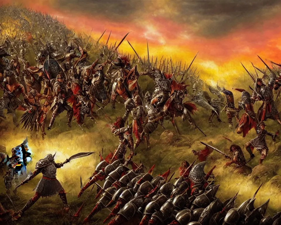 Prompt: A fantasy battle between two groups of warriors on the hills. The first group on the left is dressed in detailed elaborate spiked armor. The second group on the right is dressed in berserk armor. You can see the red sky. Puddles and splashes of blood, severed limbs, anger on faces. Extremely high detail, realistic, medieval fantasy art, masterpiece, art by Zdzisław Beksiński, Boris Vallejo, Arthur Rackham