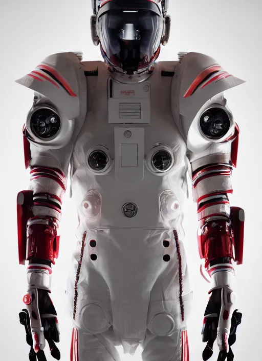 Prompt: a Photorealistic dramatic hyperrealistic render of a futuristic exospacesuit,Ultra realistic details,glossy white with red stripes by Vitaly Bulgarov and Mike Nash,Beautiful dramatic dark moody tones and lighting,cinematic atmosphere,studio lighting,shadows,dark background, Octane render,8K