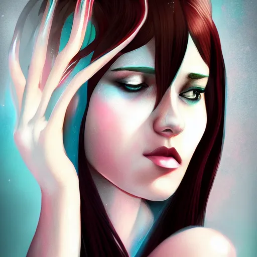 Prompt: portrait of a woman inspired by lois van baarle, charlie bowater, illustration, iridescent, iridescent hair, face, hair styles, light makeup, glitter, self confidence, cinematic 8 k