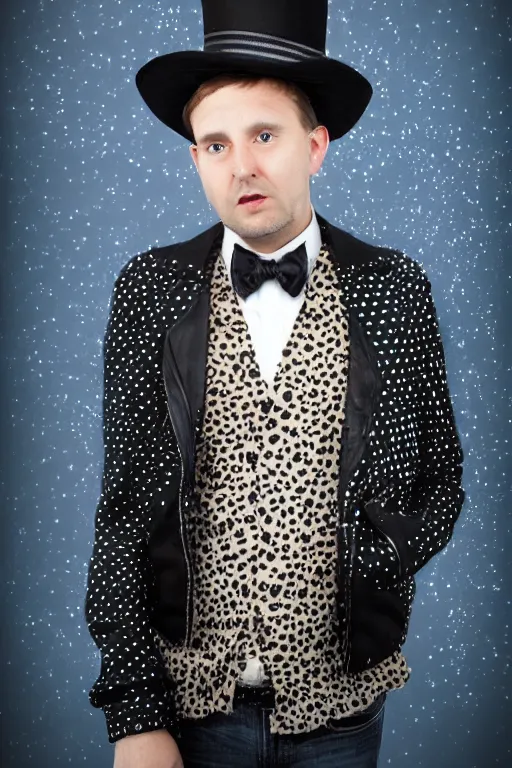 Prompt: one owl wearing black biker jacket, portrait photo, backlit, background has kobalt blue polka dots, studio photo, suit, bow tie, tophat, tophat