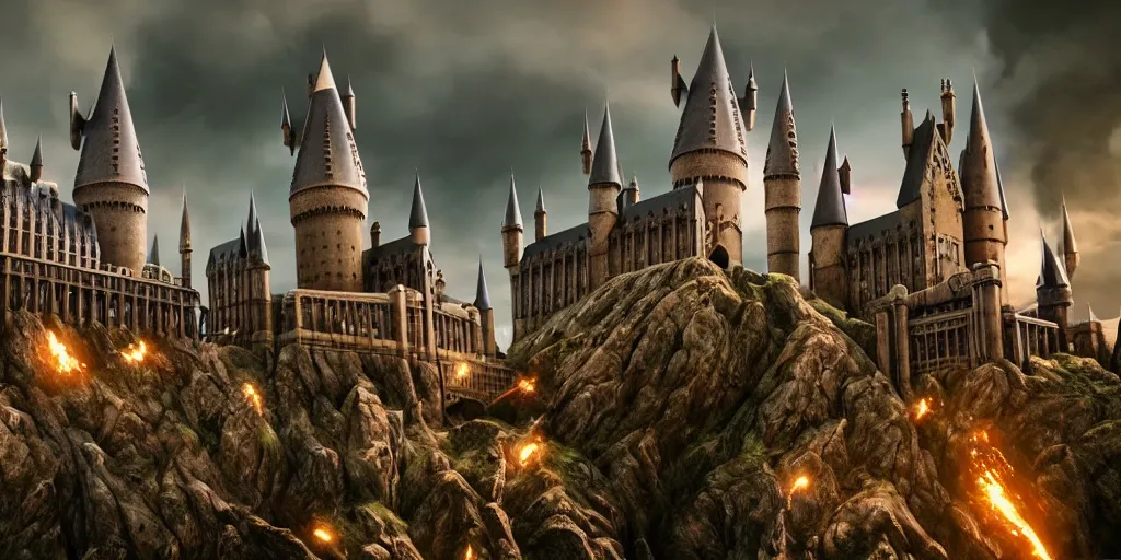 Image similar to hogwarts under attack, hiperrealism, insanely detailed and intricate, fantasy environment cinematic lighting ultra - wide angle lens