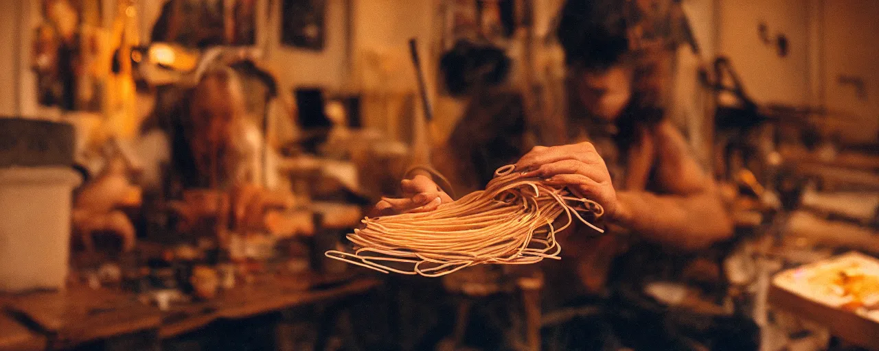 Prompt: an artist painting a portrait with spaghetti, canon 5 0 mm, cinematic lighting, photography, retro, film, kodachrome, closeup